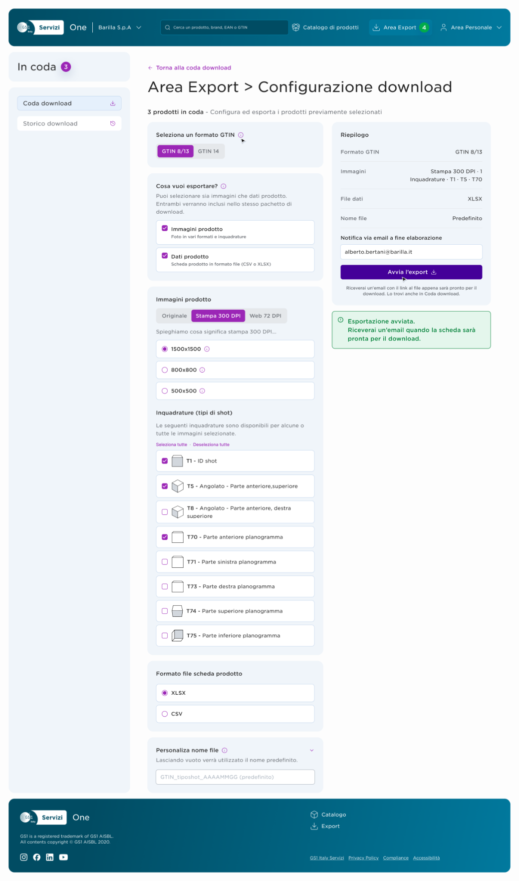 Export configuration screen