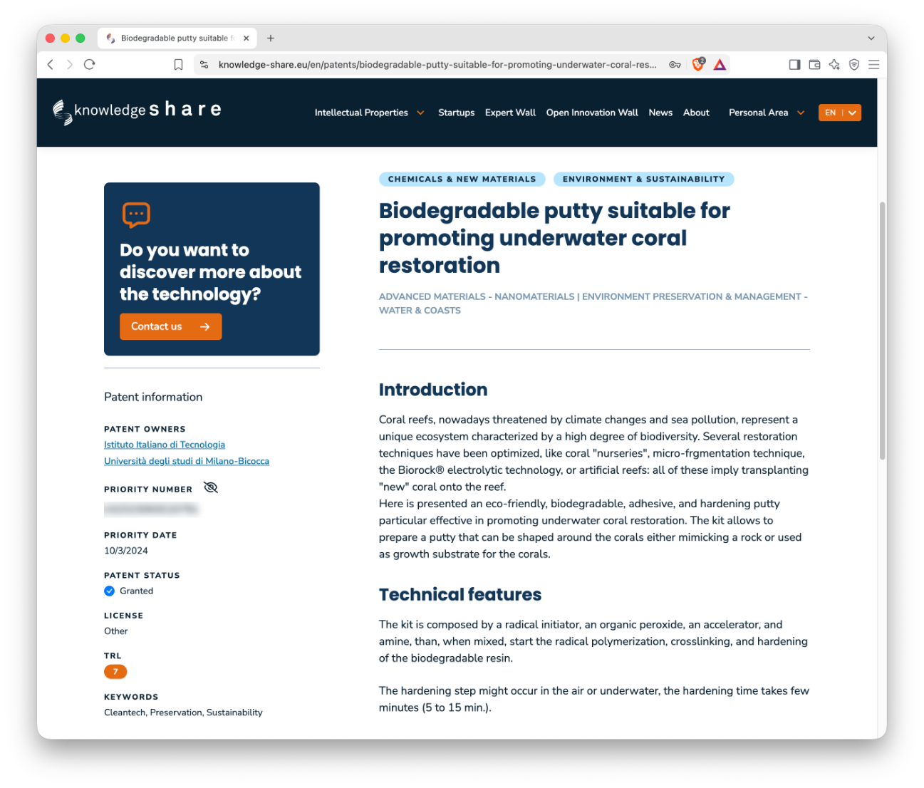 Knowledge Share technology detail page